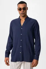 Antioch Navy Blue Mandarin Collar Long-Sleeved Men's Shirt