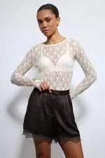 Antioch Ekru Dantel Detaylı Transparan Bluz