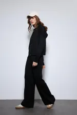 Antioch Siyah Kapüşonlu Üst Ve Geniş Paça Triko Takım