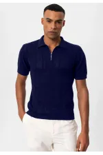 Antioch Navy Blue Polo Collar Zip-Up Knitted Men's T-Shirt