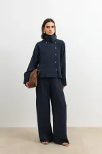 Antioch Lacivert Özel Dik Yaka Kadın Gömlek