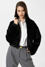Antioch Black Women's Faux Fur Coat with Elastic Waistband