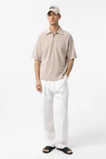 Antioch Bej Relax Fit Fermuarlı Polo Yaka Erkek T-Shirt