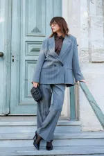 Antioch Gri Kadın Çizgili Oversize Blazer Ceket