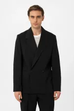 Antioch Siyah Relax Fit Kruvaze Kapama Erkek Teknik Blazer Ceket