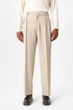 Antioch Bej Yüksek Bel Pileli Relaxed Fit Baggy Erkek Pantolon