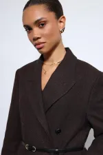 Antioch Kahve Balıksırtı Desenli Kemerli Kaban