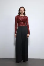 Antioch Bordo Dantel Detaylı Transparan Bluz