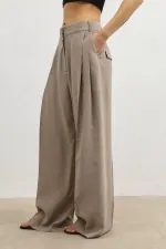 Antioch Beige Lyocell Blend Wide Leg Women's Trousers