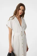 Antioch Ecru Linen Blend Belted Women's Dress