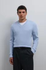 Pull Antioch Bebe bleu texturé à col en V pour garçon