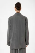 Antioch Gri Kadın Çizgili Oversize Blazer Ceket