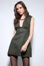 Antioch Haki Dekolteli Kısa Elbise