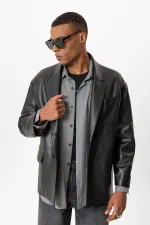 Antioch Siyah Suni Deri Kruvaze Erkek Ceket