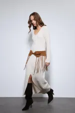 Antioch Off-White Knit Dress with Slit Detail