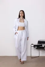 Antioch Beyaz 100% Keten Yüksek Bel Pilili Kadın Pantolon