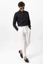 Antioch Black Collar Button Detail 100% Linen Men's Shirt