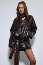 Antioch Kahve Suni Deri Kemerli Trençkot