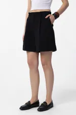 Antioch Siyah Yüksek Bel Pensli  Kadın Bermuda Şort