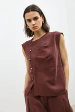 Antioch Burgundy Lyocell Blend Buttoned Women's Top