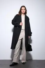 Antioch Siyah Kadın Yumuşak Dokulu Oversize Kruvaze Kaban