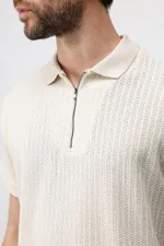 T-shirt polo homme Antioch blanc cassé en maille texturée