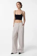 Antioch Bej 100% Keten Yüksek Bel Pilili Kadın Pantolon