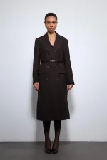 Antioch Kahve Balıksırtı Desenli Kemerli Kaban