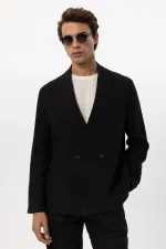 Antioch Black Linen Blend Double-Breasted Button-Down Men's Blazer Jacket