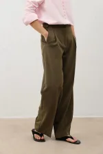 Antioch Khaki Women's Wide Leg Trousers with Pens Detail