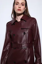 Trench-coat ceinturé en similicuir bordeaux pour femme, style Antioch