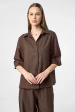 Antioch Kahve Keten Karışımlı Kadın Gömlek