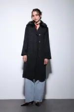 Trench-coat Antioch noir à col en fausse fourrure pour femme