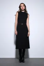 Antioch Black Women's Midi Dress with Belt Detail