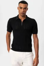 Antioch Black Polo Collar Zip-Up Knitted Men's T-Shirt