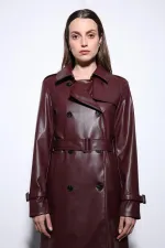 Trench-coat ceinturé en similicuir bordeaux pour femme, style Antioch