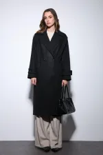 Antioch Siyah Kadın Yumuşak Dokulu Oversize Kruvaze Kaban