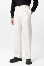 Pantalon Antioch écru à taille haute plissé et coupe décontractée pour homme