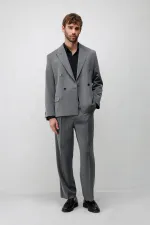 Antioch Gri Relax Fit Kruvaze Erkek Blazer Ceket