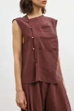 Antioch Burgundy Lyocell Blend Buttoned Women's Top
