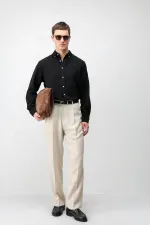 Antioch Siyah Keten Karışımlı Relaxed Fit Erkek Gömlek