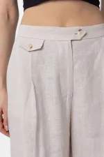 Antioch Bej 100% Keten Yüksek Bel Pilili Kadın Pantolon