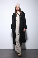 Antioch Siyah Kadın Yumuşak Dokulu Oversize Kruvaze Kaban