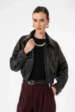 Antioch Siyah Crop Suni Deri Kadın Ceket