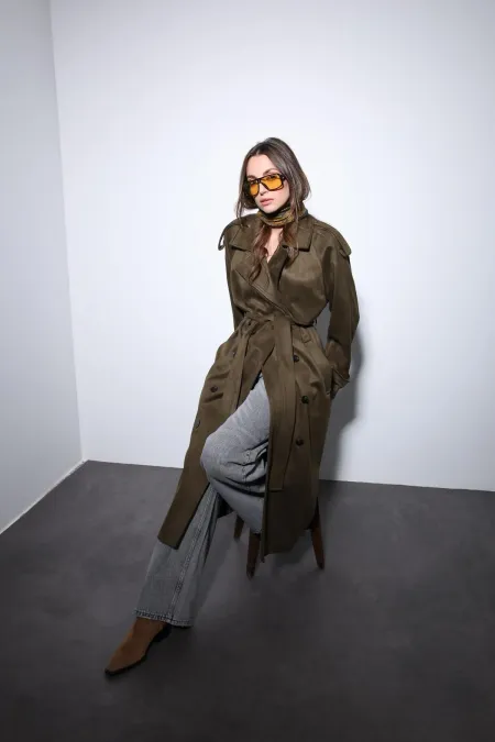 Antioch Haki Kruvaze Süet Görünümlü Premium Kadın Trençkot