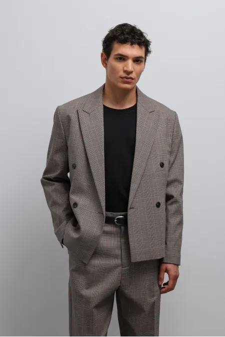 Antioch Kahve Ekoseli Kruvaze Erkek Blazer Ceket