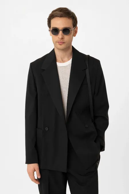 Antioch Black Relax Fit Double-Breasted Men's Technical Blazer Jacket