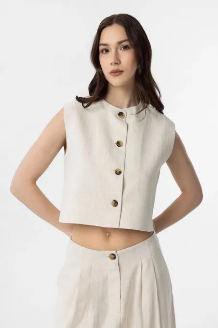 Antioch Ekru Keten Karışımlı Kadın Yelek