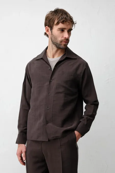 Chemise homme Antioch marron foncé en mélange de lyocell à col large