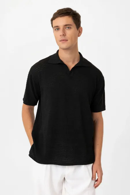 T-shirt en maille texturée à col polo noir Antioch pour homme